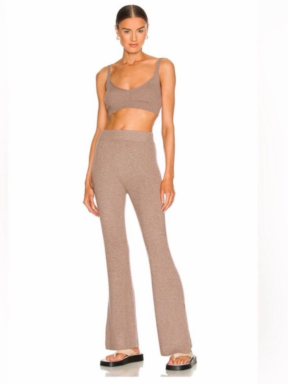 High-Rise Ribbed Flare Pants in Taupe with matching top set
